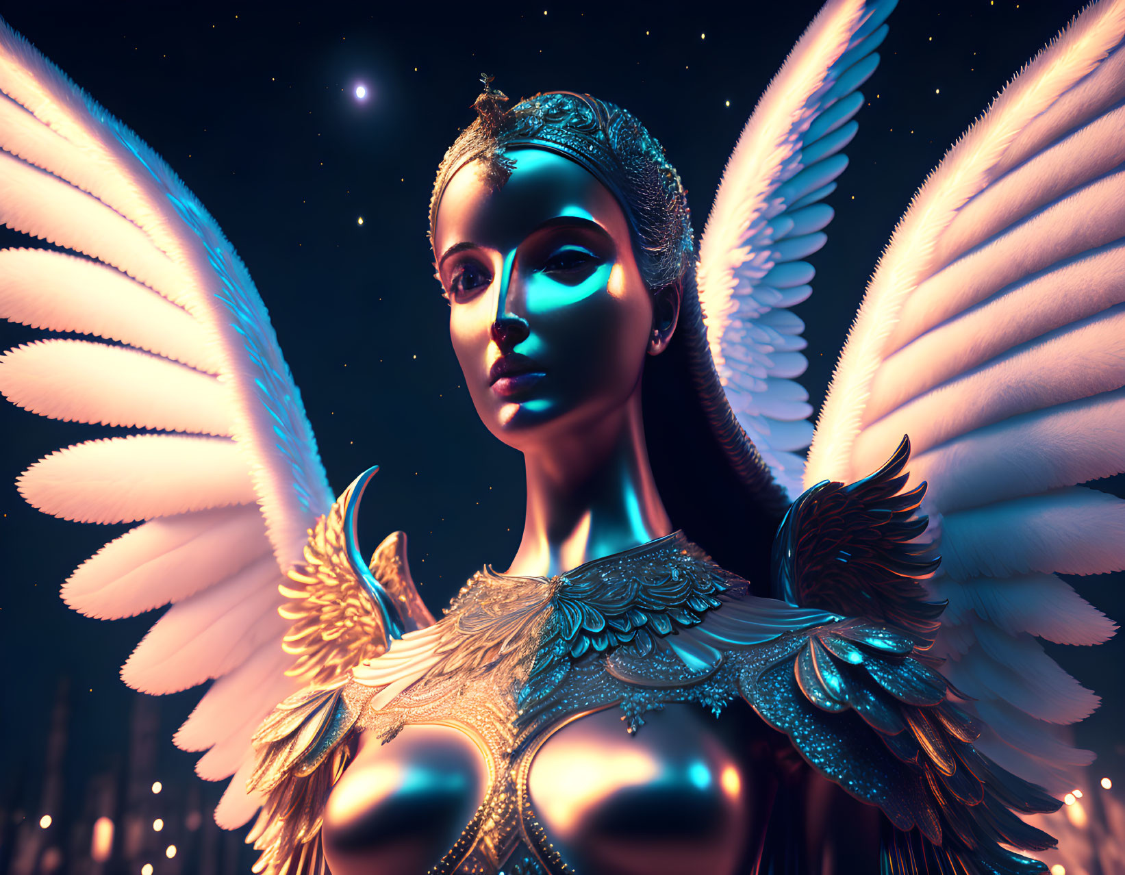 Detailed 3D humanoid figure with glowing skin and wings in golden armor