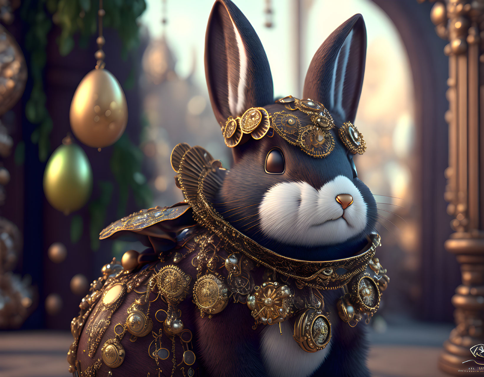 Regal rabbit with golden collar in elegant setting