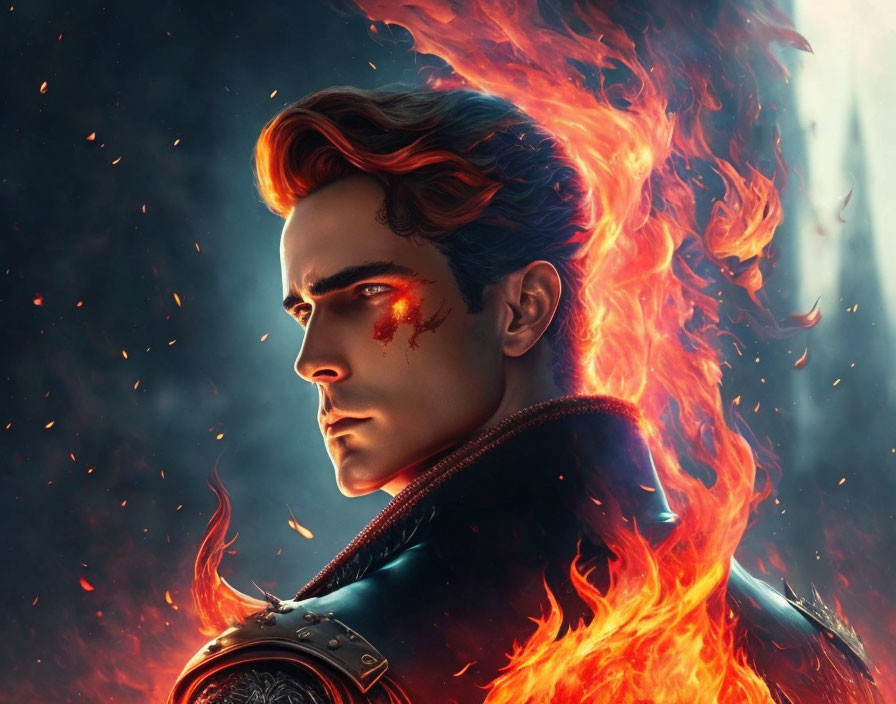 Fiery-haired man with glowing scar against dark background