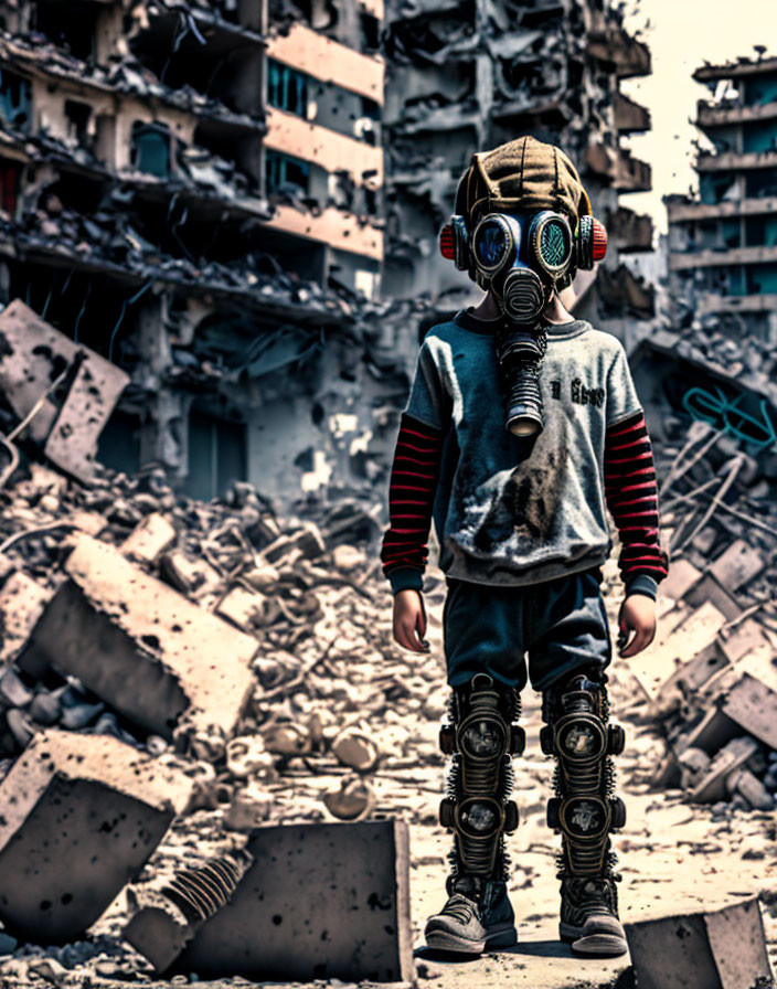 Child in Gas Mask Amidst Devastation
