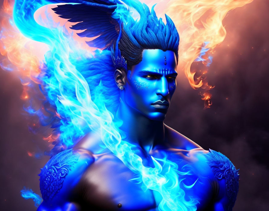 Male figure with blue skin and flaming hair in mystical tribal-themed digital artwork