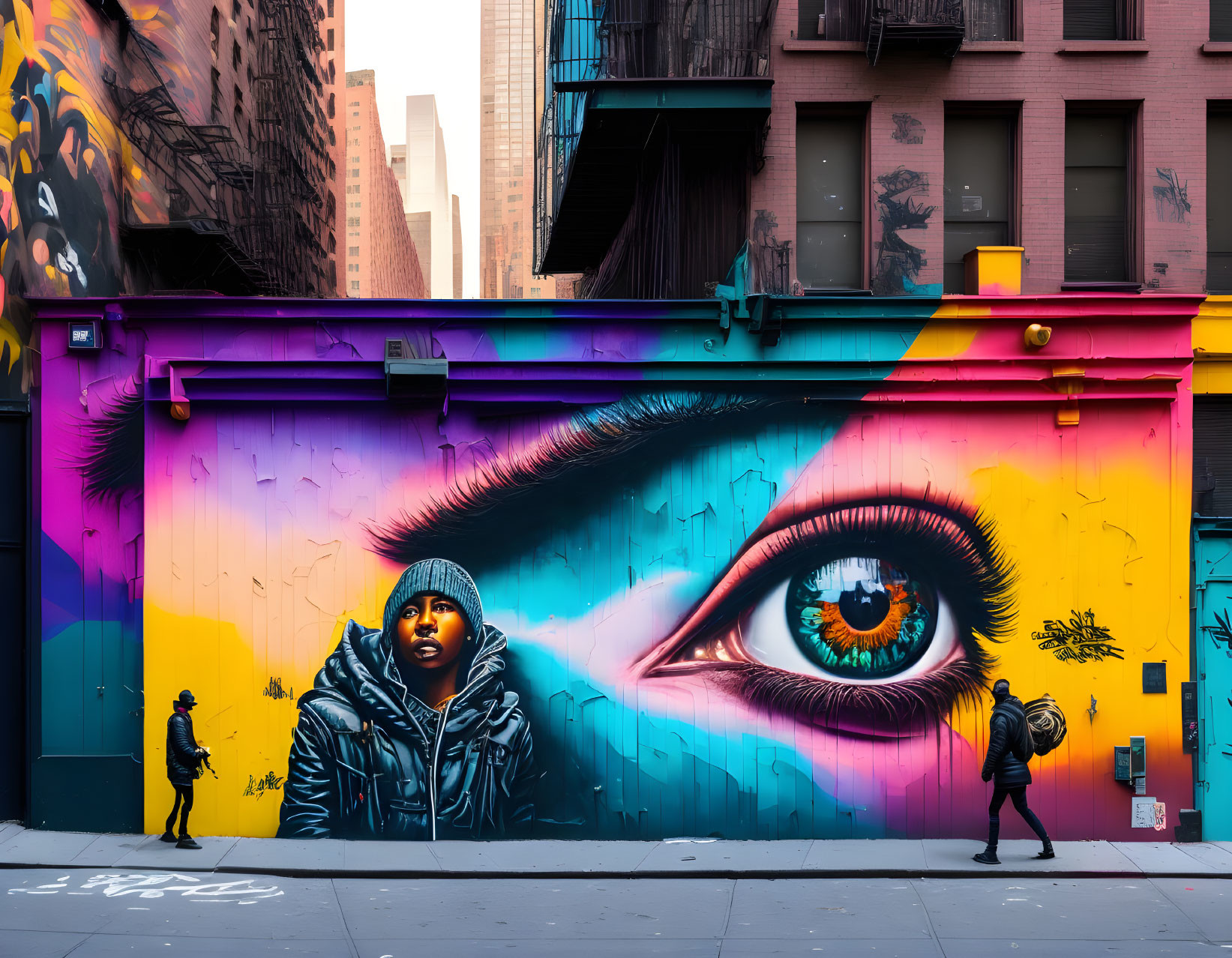 Colorful street mural featuring large eye and face amidst cityscape.