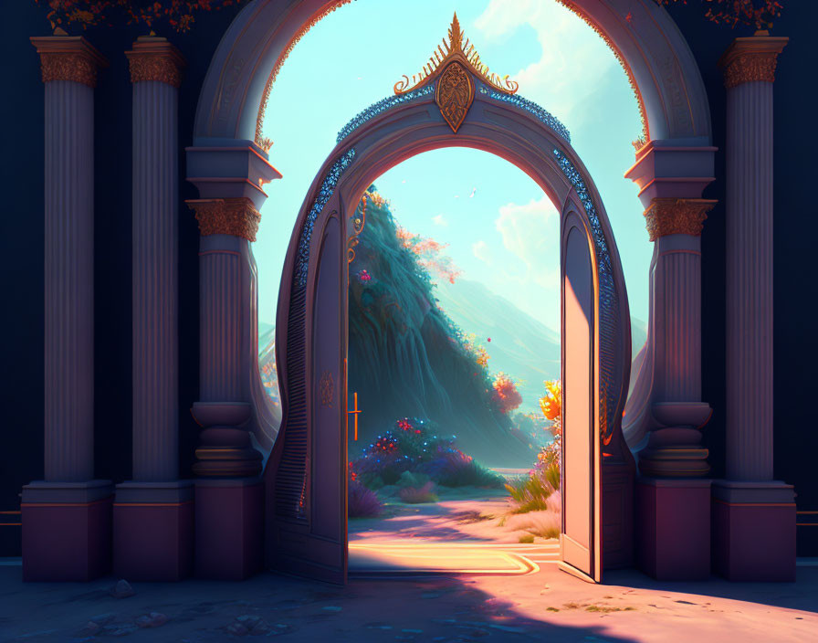 Ornate open door reveals vibrant magical landscape