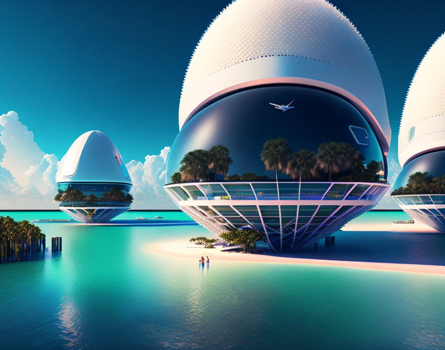 Spherical Buildings on Stilts in Advanced Coastal Cityscape