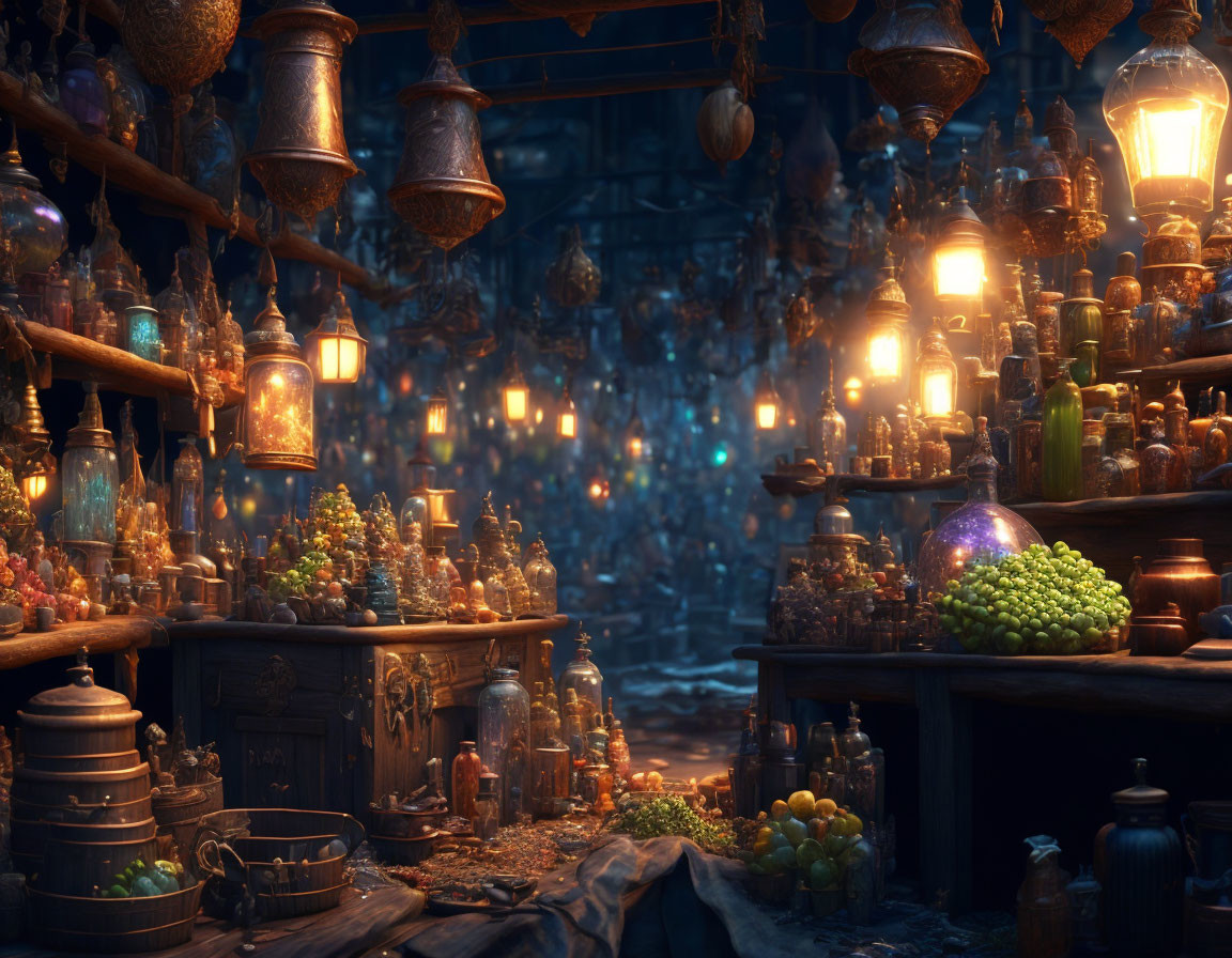 Mystical shop with glowing bottles, lanterns, & mysterious artifacts