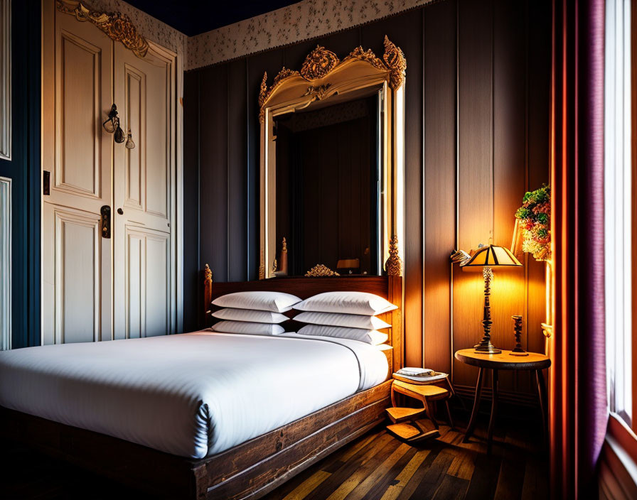 Luxurious Bedroom with Large Bed, Golden Mirror, Wood Paneling, and Reading Lamp