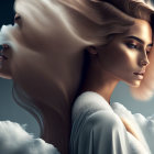 Digital artwork: Woman with flowing hair, pale skin, white outfit, surrounded by clouds