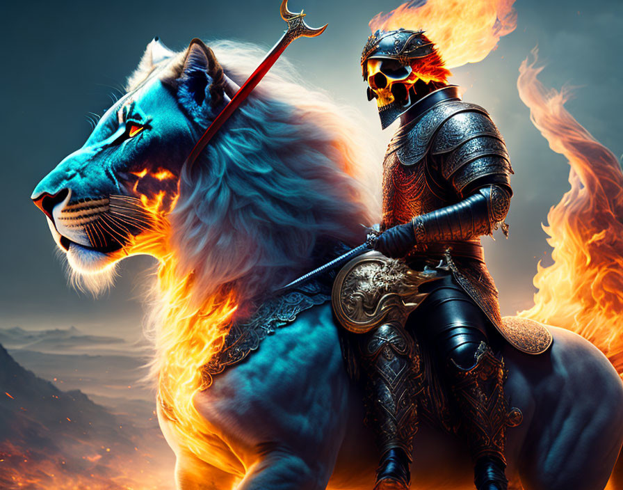Armored knight on blue lion surrounded by flames with spear, dramatic backdrop
