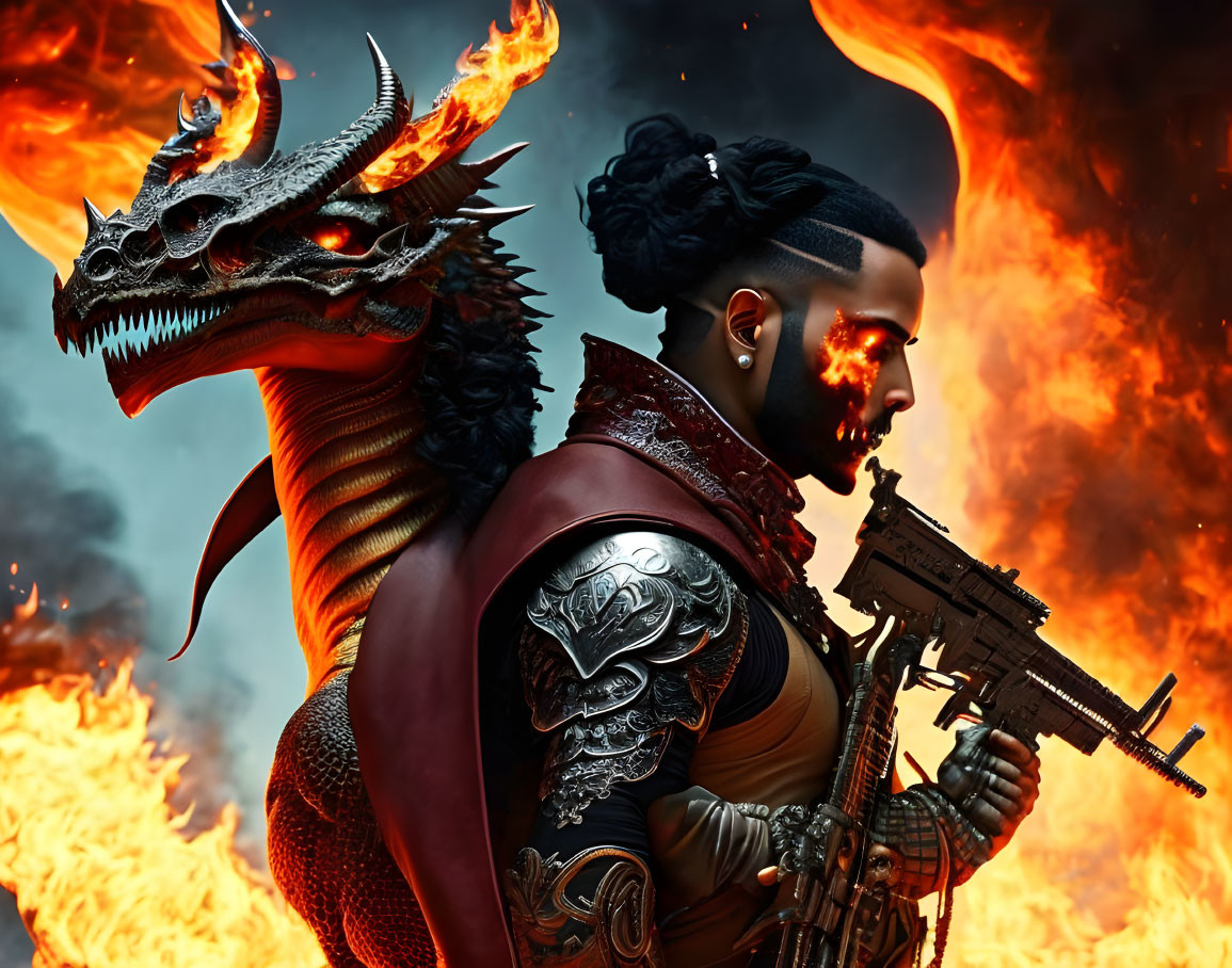 Man in modern armor faces dragon against fiery backdrop