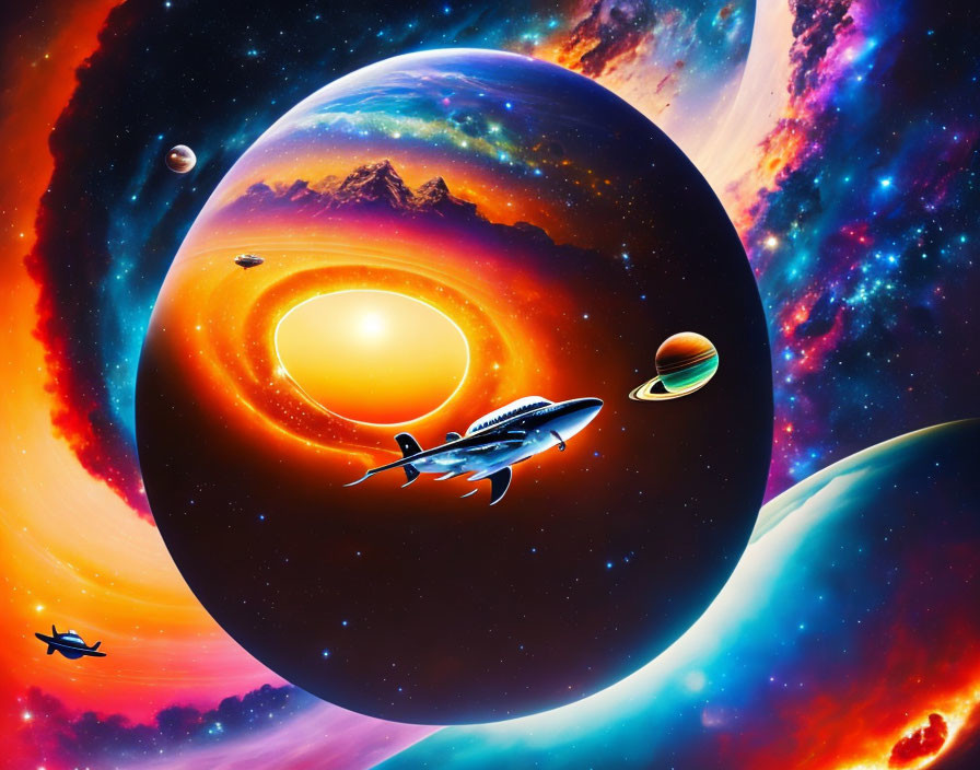 Colorful Space Scene with Spaceship Flying Towards Sun and Planets