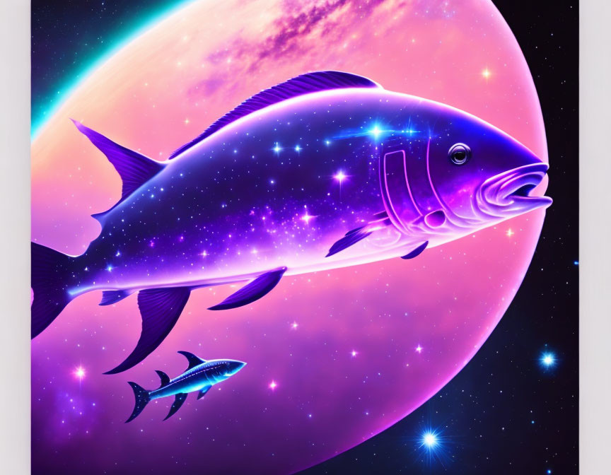 Colorful Cosmic Scene with Large Neon Fish & Planets