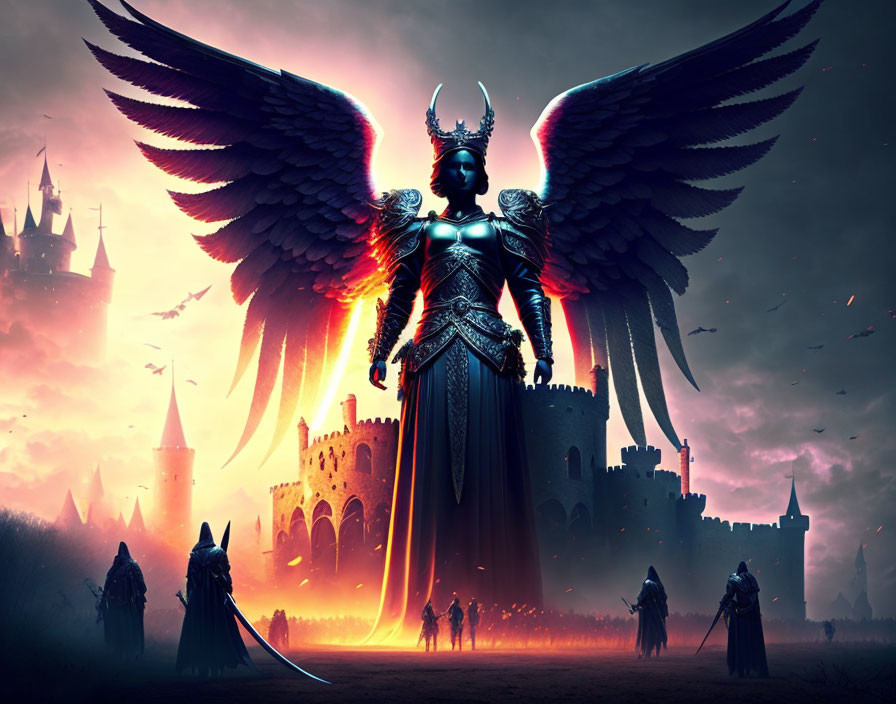 Majestic figure with black angel wings and armor in front of castle at dusk surrounded by silhou
