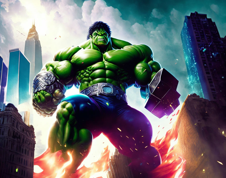 Muscular green Hulk with hammer in cityscape and explosion.