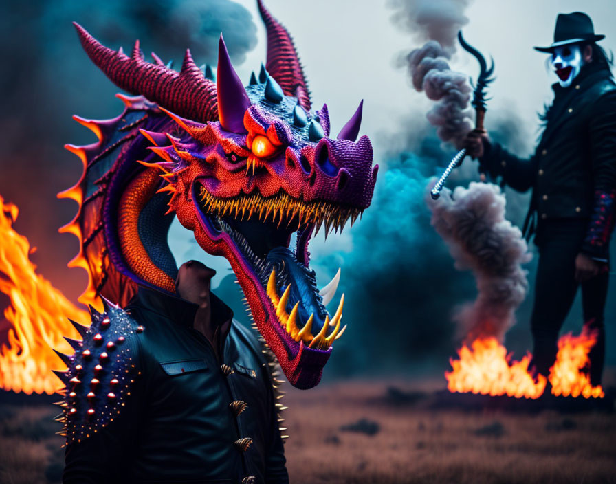 Two individuals in unique masks with glowing eyes and smoke flare, amidst burning fires.