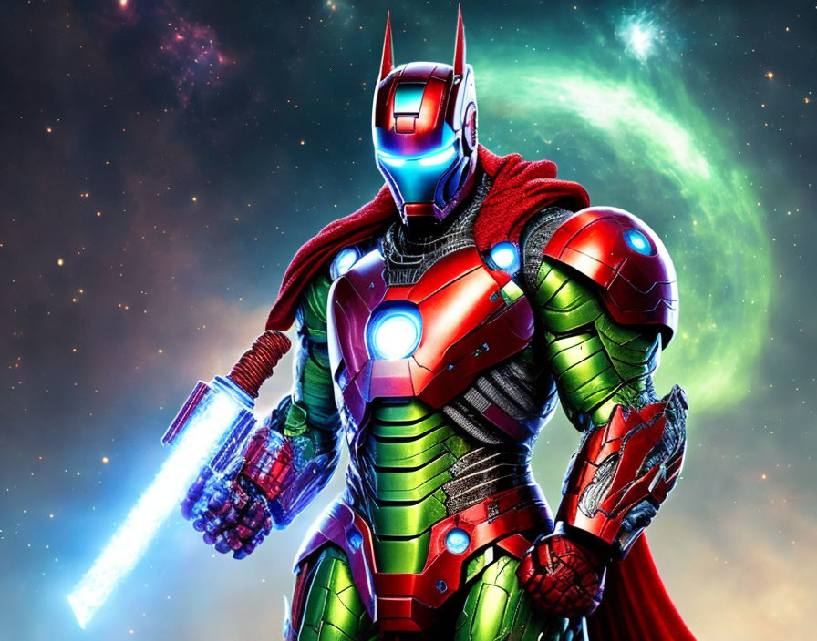 Vibrant Iron Man in armored suit with cosmic backdrop and energy beams