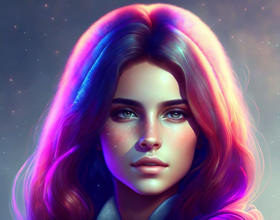 Colorful woman with rainbow hair and blue eyes on starry night backdrop