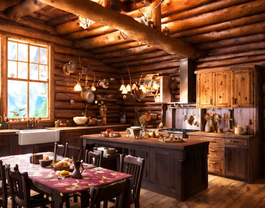 Rustic log cabin kitchen with wooden furniture and cozy meal setting
