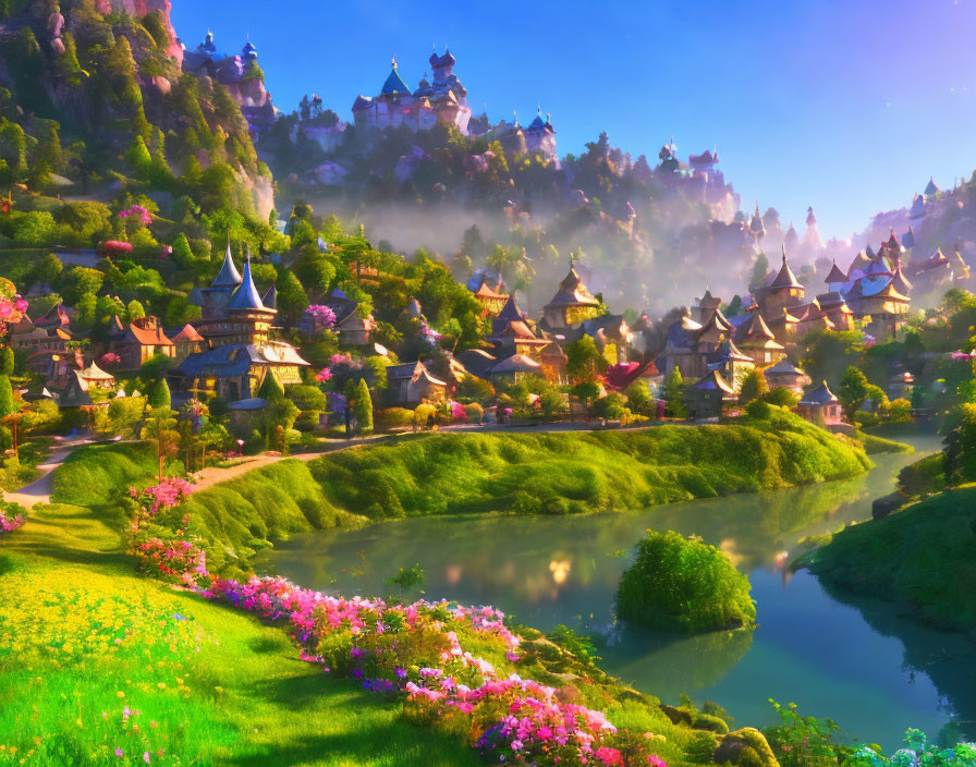 Fantasy landscape with whimsical houses, castles, lush greenery, and serene river