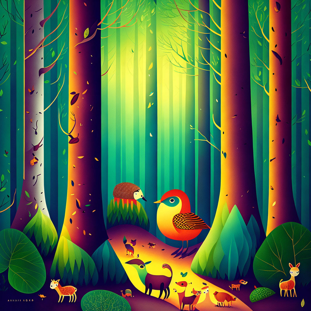 Colorful forest illustration with bird, hedgehog, deer, and bird-like creatures among stylized trees
