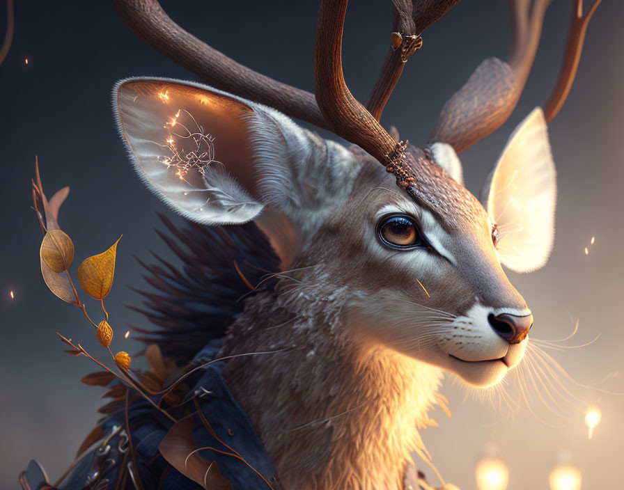Enchanting deer-headed creature with glowing antlers and autumnal backdrop