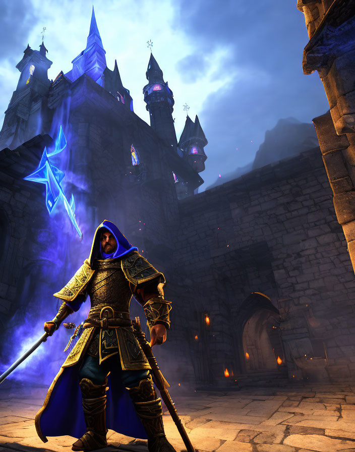 Cloaked knight with sword in gothic setting under blue crystal