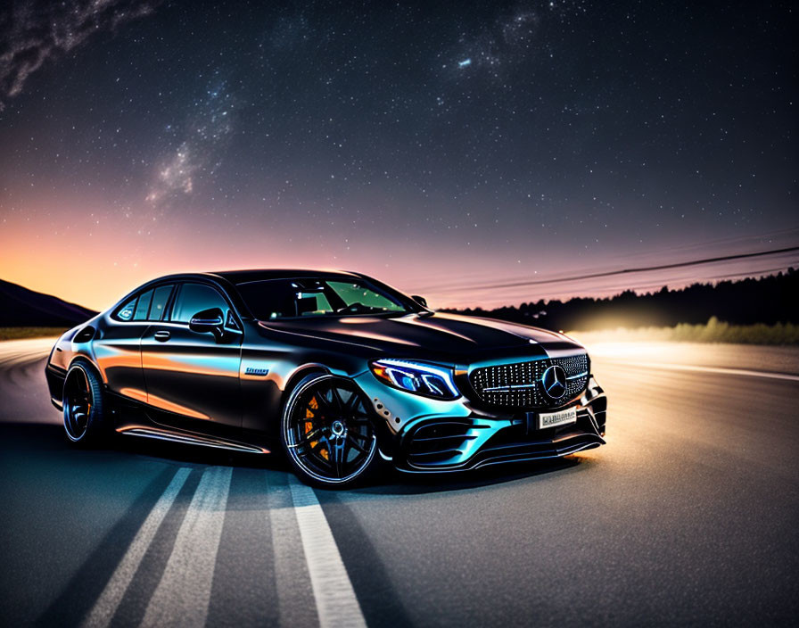 Black Mercedes-Benz parked on asphalt road at twilight with starry sky and sunset glow.