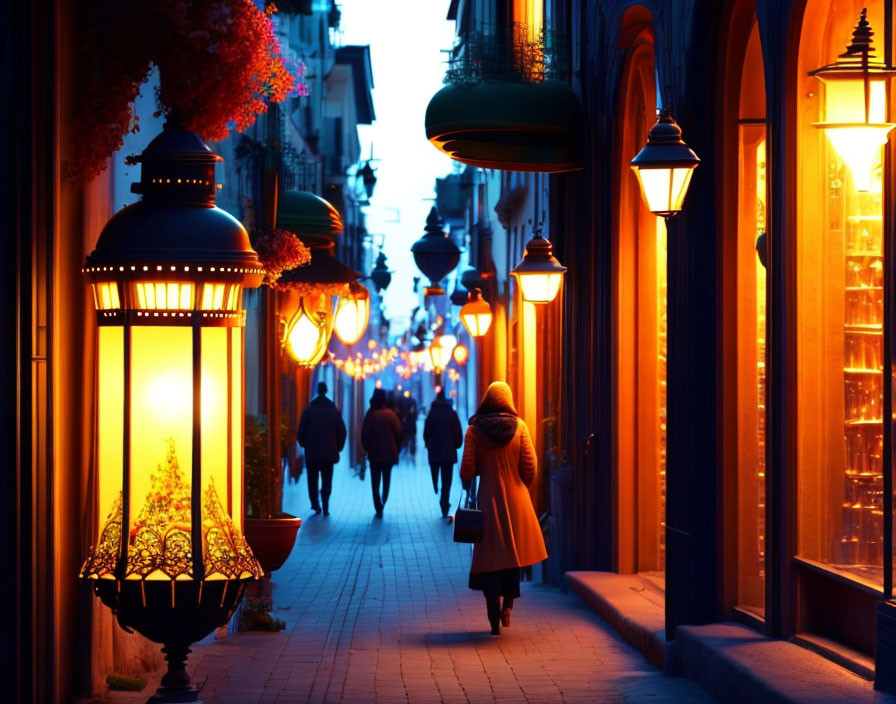Person in Orange Coat Walking Down Picturesque Street at Twilight