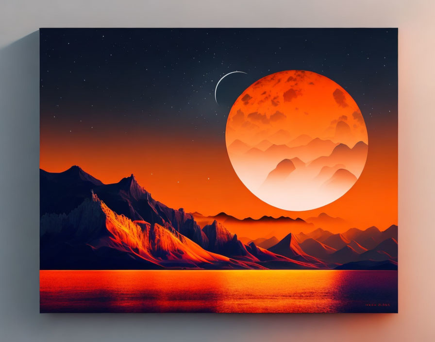 Vibrant sunset over mountain landscape with moon and stars