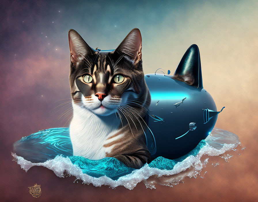 Cat with realistic face on whimsical submarine body in vivid digital art
