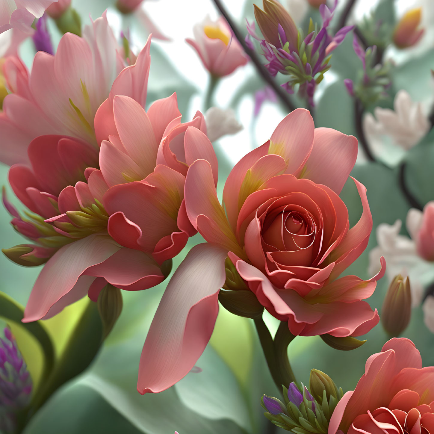 Colorful digital illustration of blooming flowers with prominent pink and red rose and surrounding buds