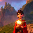 Brown-haired young man in red cape holds glowing object with castle at sunset