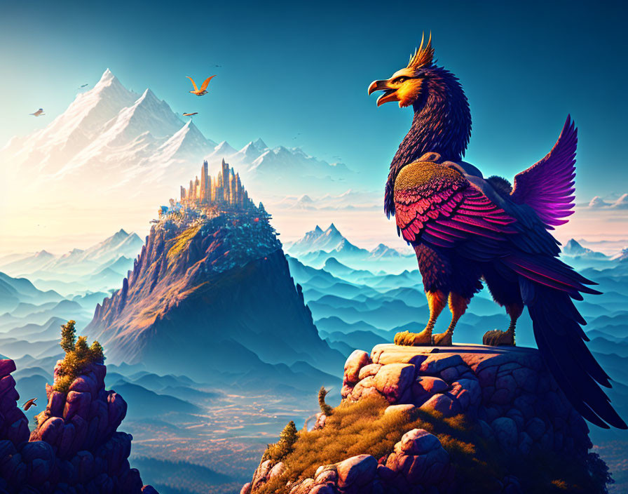 Majestic Griffin on Rocky Outcrop in Fantasy Landscape