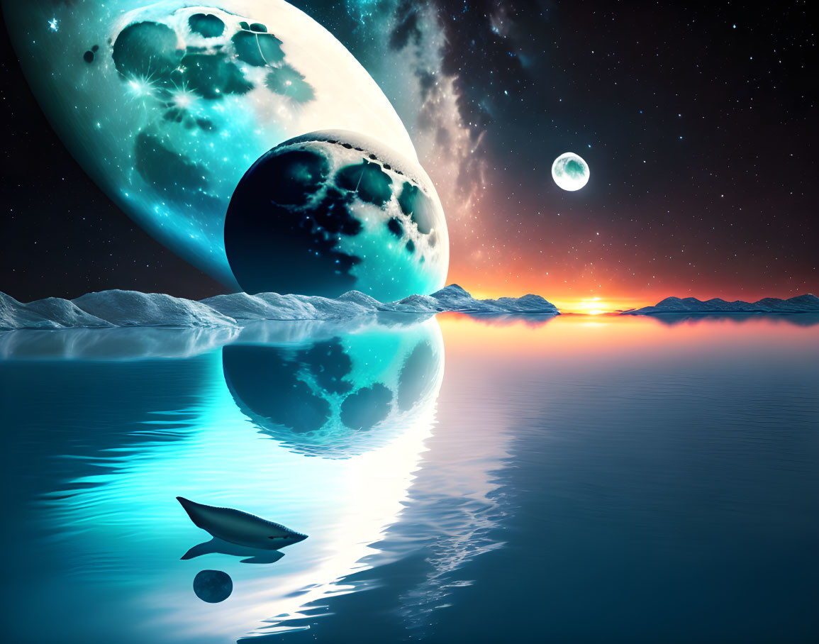 Fantastical landscape with multiple moons, starry sky, ice-covered terrain, water reflection, shark