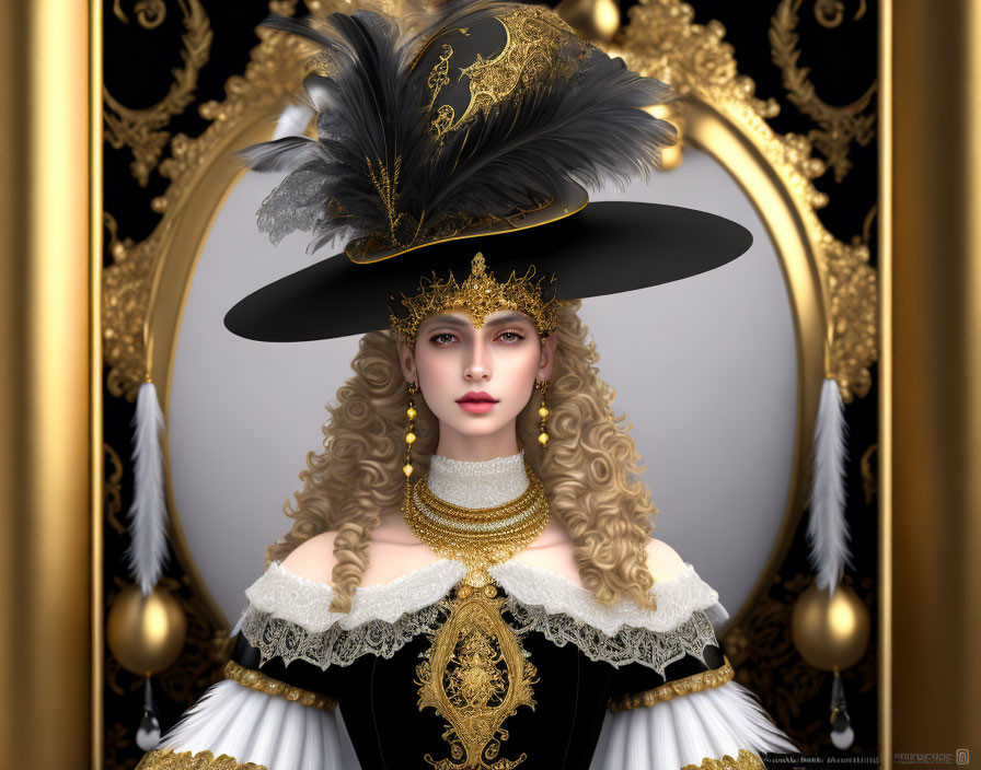Digital Artwork: Woman in 17th-Century Dress with Feathered Hat
