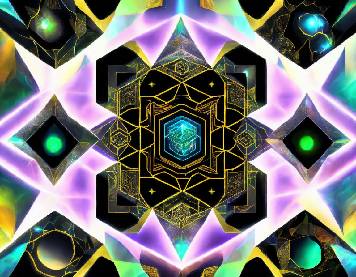 Colorful Neon Kaleidoscope with Geometric Patterns and Glowing Orbs