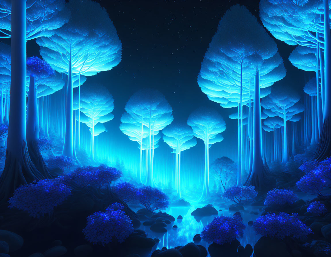 Nighttime scene of mystical blue forest with glowing trees under starry sky