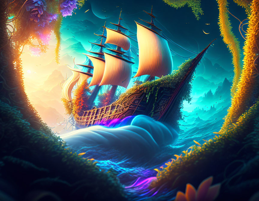 Colorful Illustration of Soaring Ship in Surreal Landscape