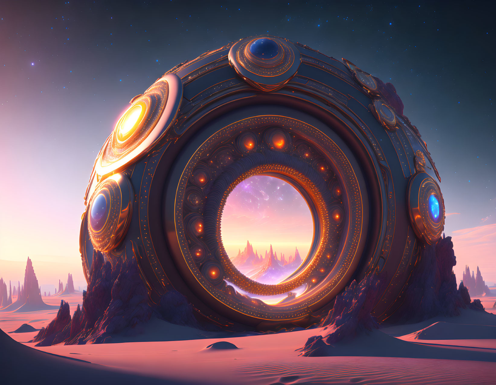 Futuristic spherical structure with glowing orange and blue elements on alien desert landscape
