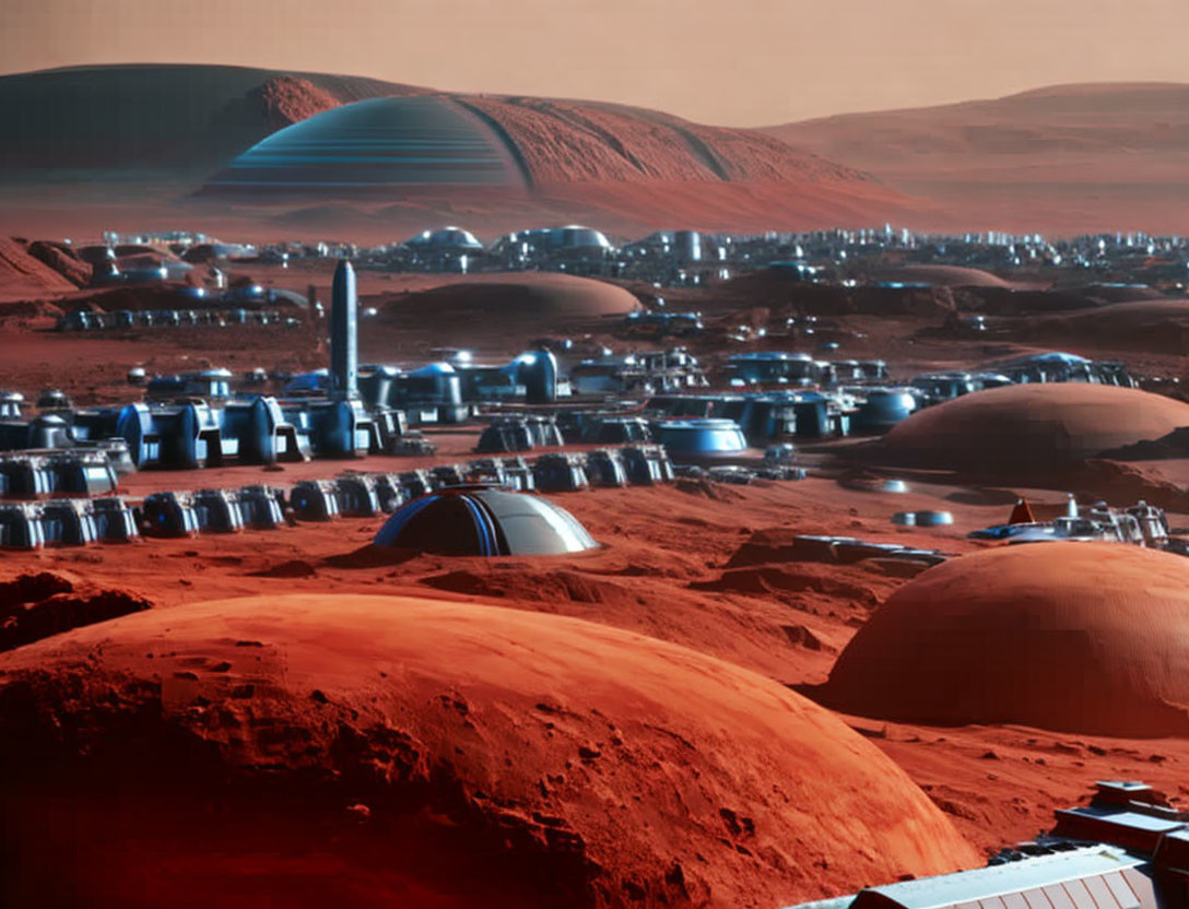 Futuristic Mars Colony with Dome Structures and Solar Panels