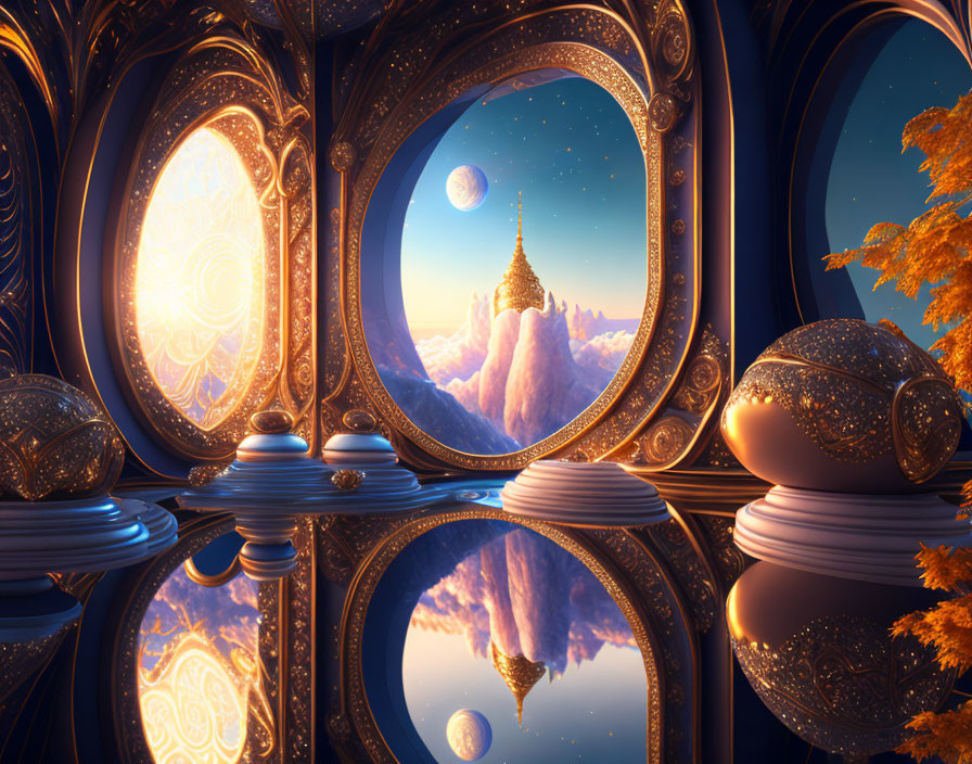Fantasy room with golden details overlooking surreal floating island landscape