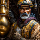 Greying bearded man in golden helmet with metallic object and intricate machinery