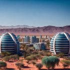 Futuristic oval-shaped skyscrapers in desert cityscape with palm trees