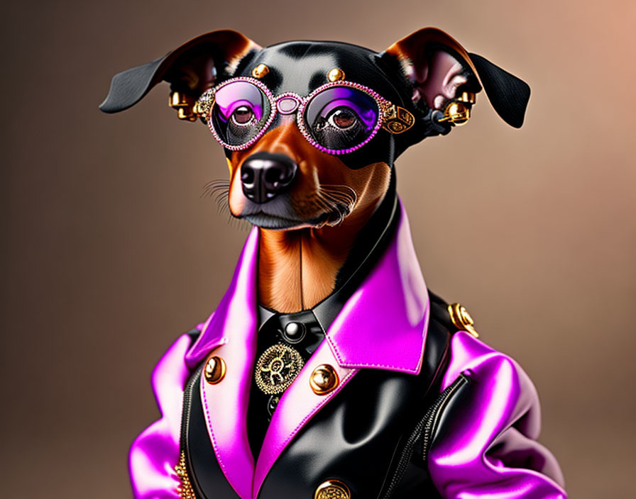 Stylized image of a dog in purple suit, glasses, bowler hat