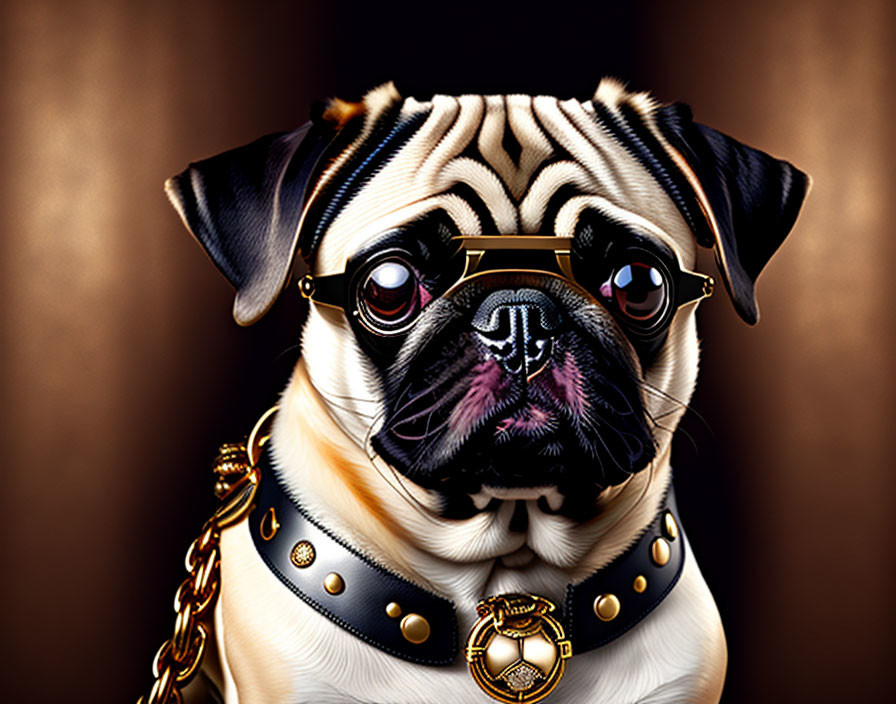 Illustrated pug with soulful eyes in gold-studded collar and sunglasses