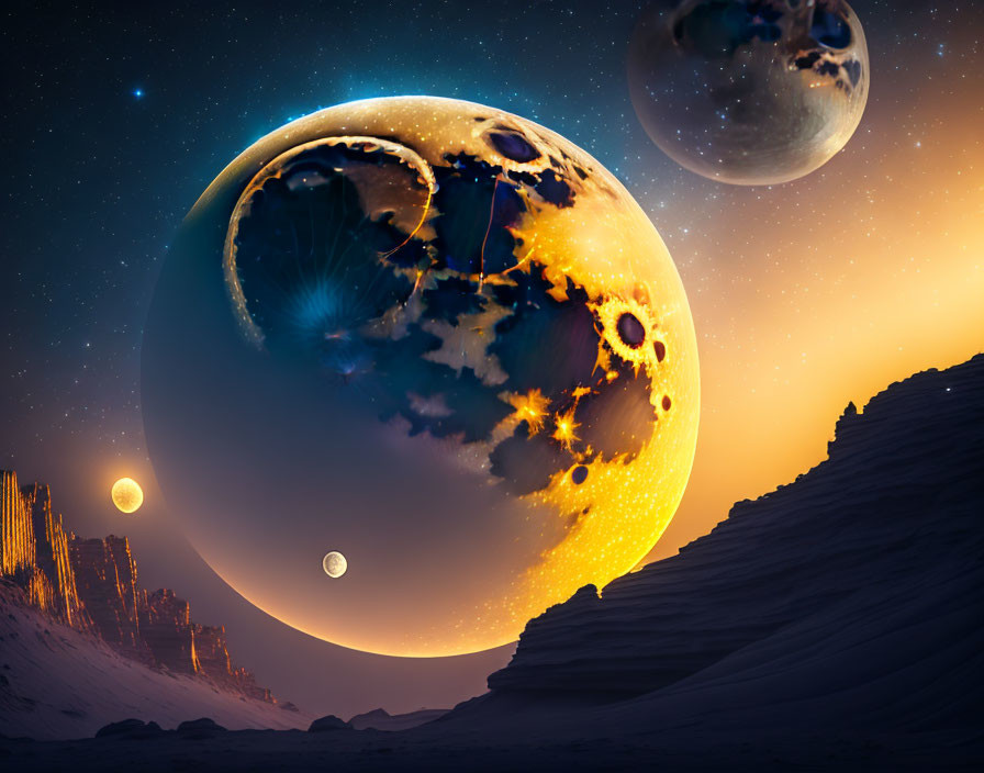 Surreal landscape with large celestial bodies and rocky terrain