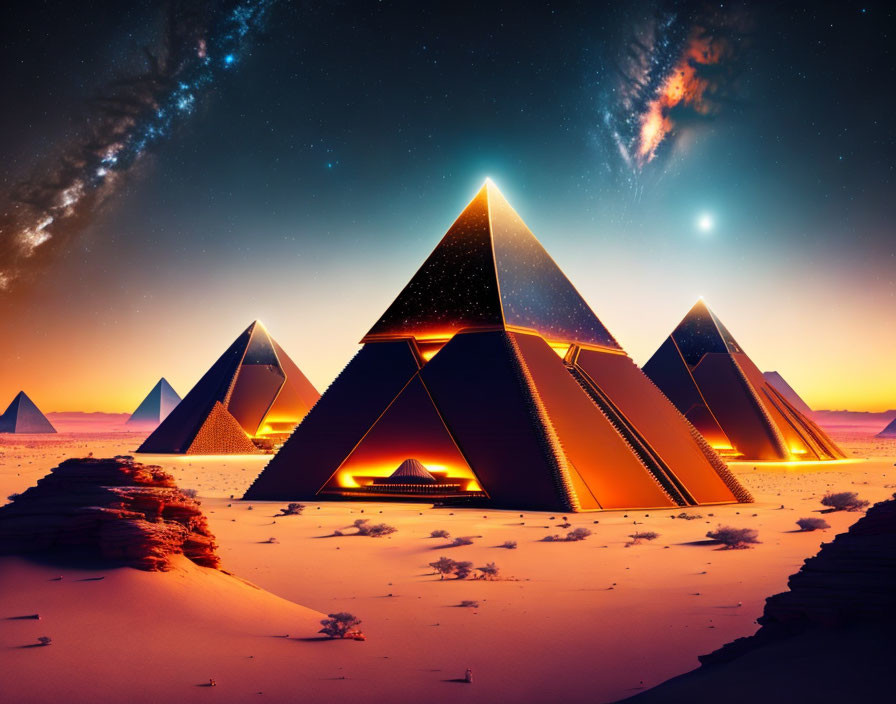 Illuminated Pyramids in Desert Night Sky