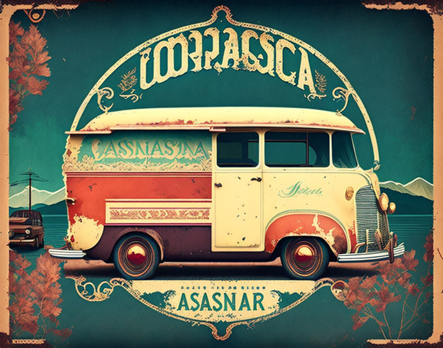 Colorful Retro Bus Illustration with Vintage Style Decorative Text on Teal Background