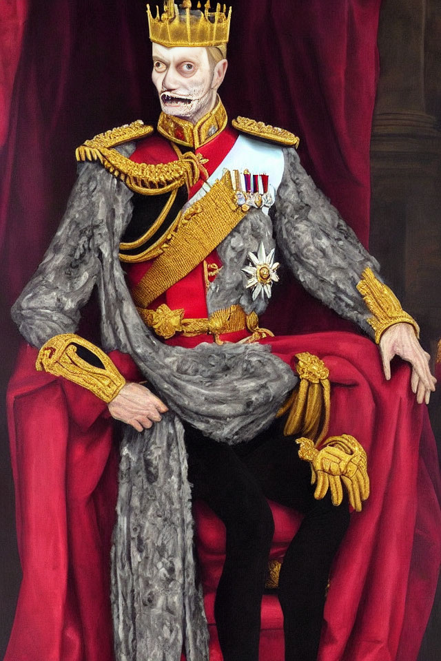 Regal skeletal figure in military attire on throne with red backdrop.