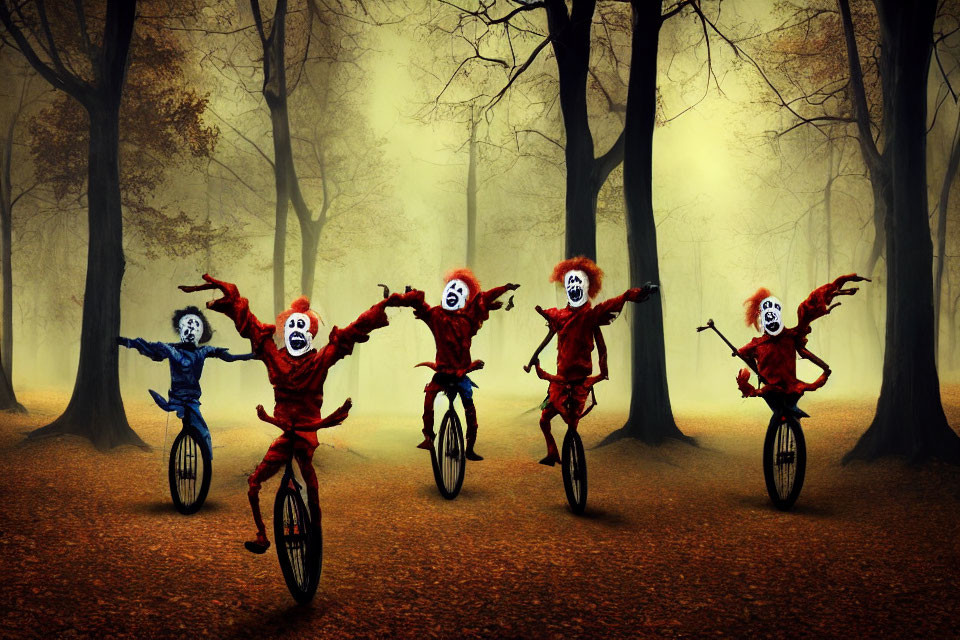 Five skull-faced clowns on unicycles in misty autumn woodland performing balancing acts