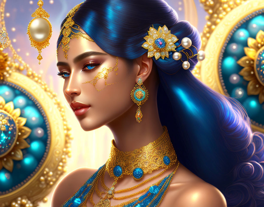 Woman's portrait with blue hair and luxurious gold and turquoise jewelry